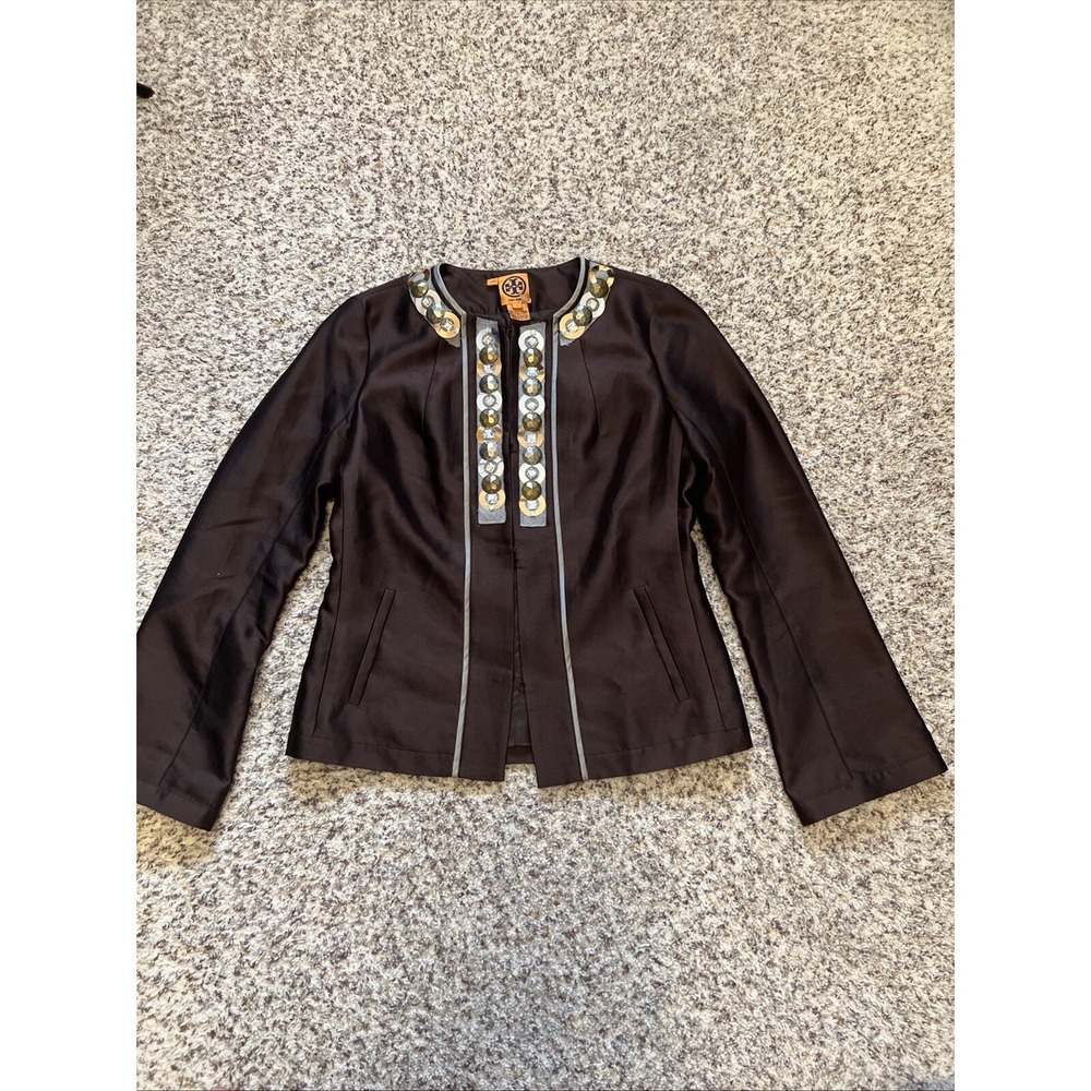 Tory Burch New Coconut Brown Jeweled Wool Silk Jacket 8‎